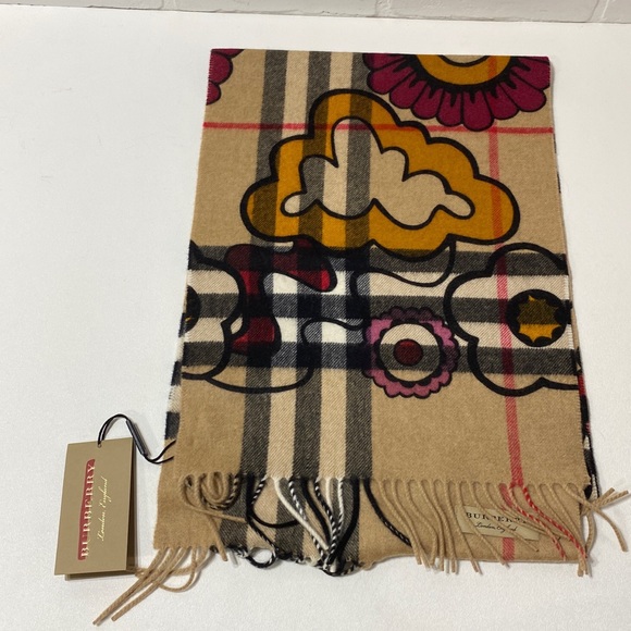 NEW - BURBERRY - PSYCHEDELIC FLORAL GIANT CHECK CASHMERE SCARF 168X30CM - Picture 1 of 4